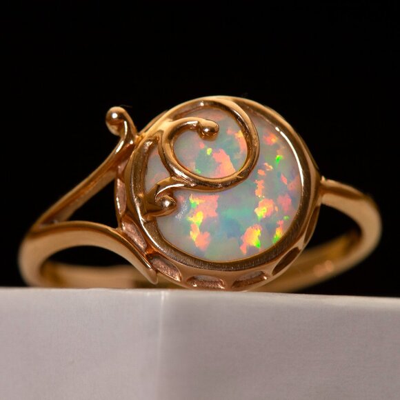 Stunning Custom Made 14K Rose Gold Opal Ring Vintage Real Gold Opal Ring Sz 6.75 - Picture 5 of 12